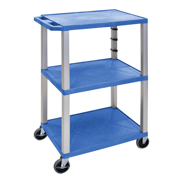 A Luxor blue plastic utility cart with three shelves and wheels.