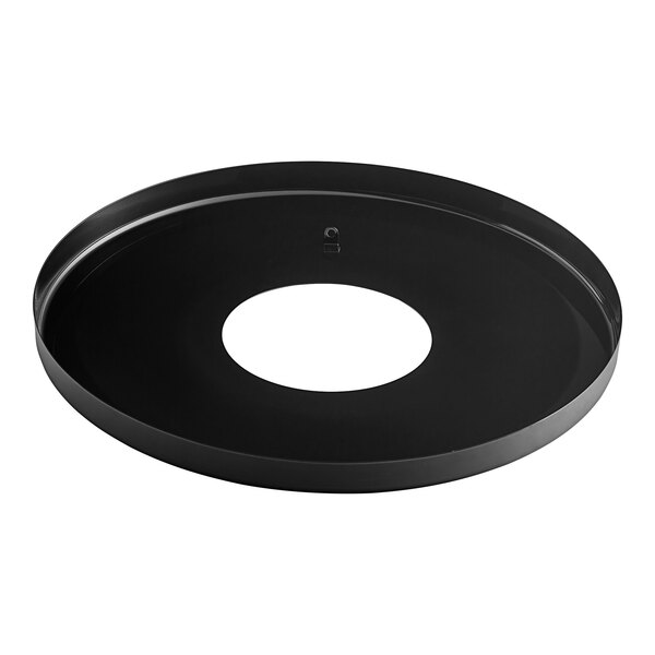 A black circular lid with a hole in the middle.