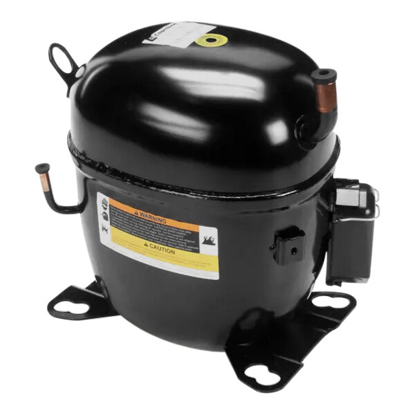 A Hoshizaki black air compressor with a metal housing and yellow label.