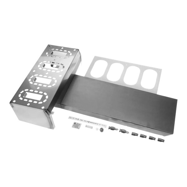 A white rectangular metal enclosure with screws and holes.