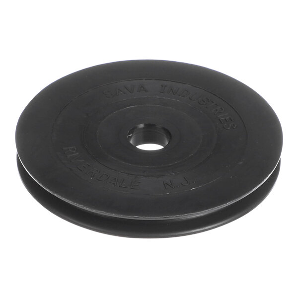 A black plastic Henny Penny pulley with a hole in the center.