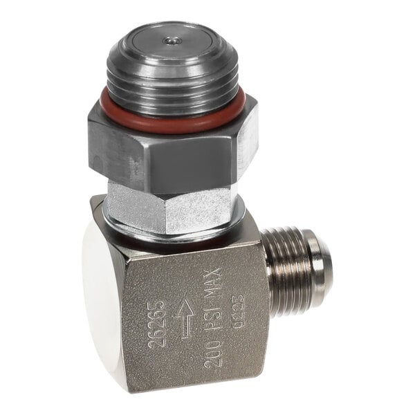 A stainless steel Henny Penny 90 degree elbow check valve with a red knob.