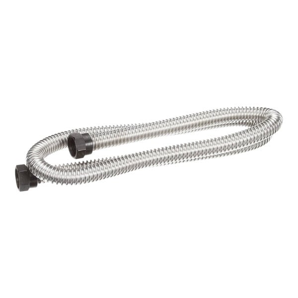 A metal hose with black rubber caps and metal springs.
