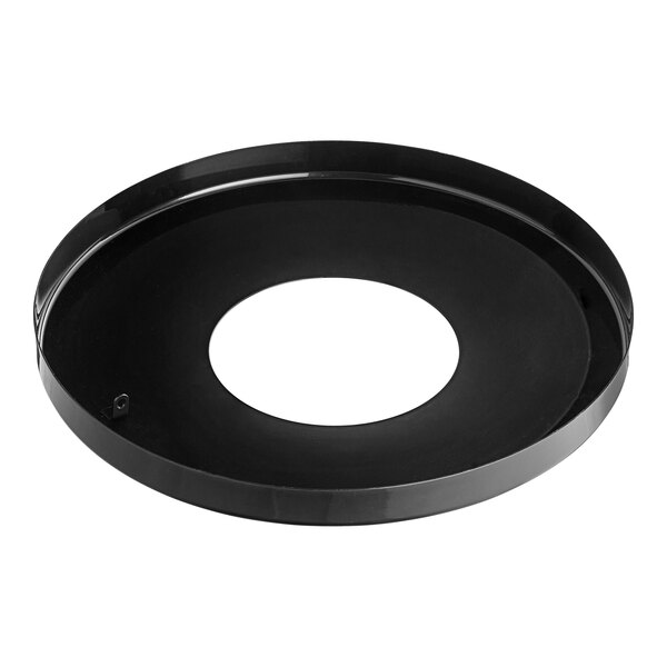 A black circular lid with a hole in the middle.