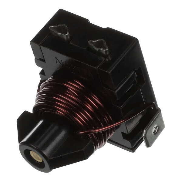 A close-up of a black and red electrical relay coil with a black handle.