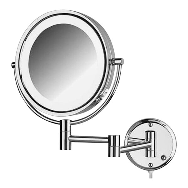 A Jerdon round chrome wall-mounted LED mirror with a round mirror.