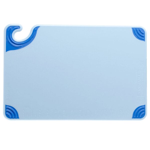 A white and blue San Jamar Saf-T-Grip cutting board with a hook.