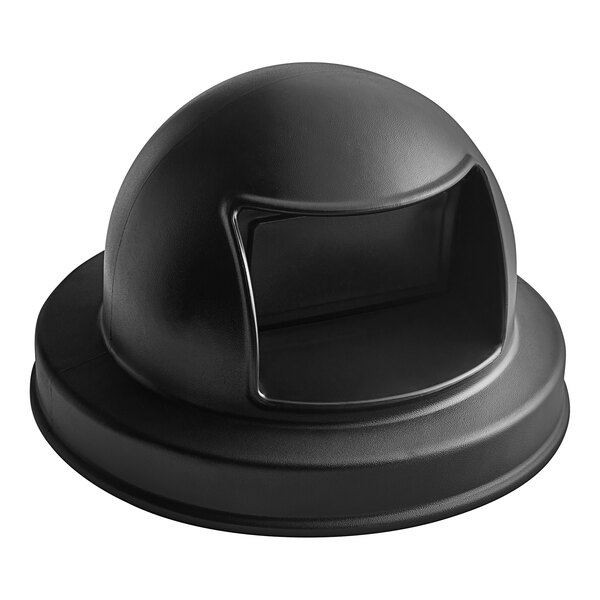 A black plastic round dome lid for a trash can.