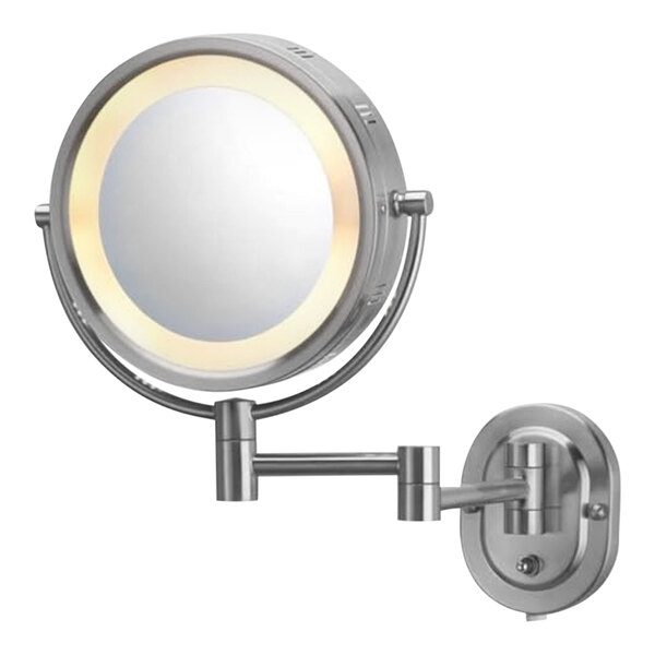 A Jerdon round wall-mounted LED mirror with a white circle around the light.