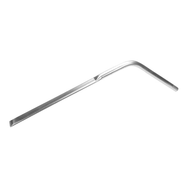 A silver bent metal tool with a long handle.
