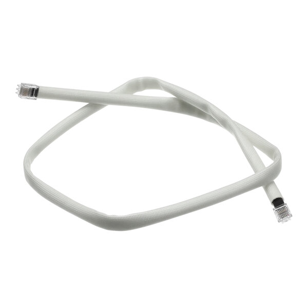 A white cable with plugs on each end and a curved white wire.