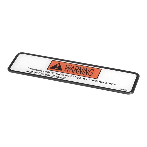 A white Henny Penny danger label with black text and white text saying "Shortening" and "Evol"