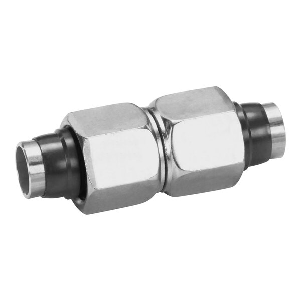 A close-up of a stainless steel Henny Penny threaded pipe fitting.