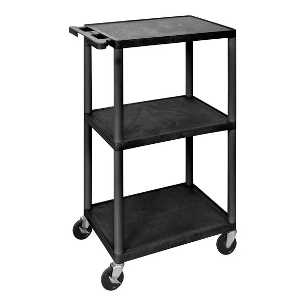 A Luxor black plastic utility cart with three shelves and wheels.