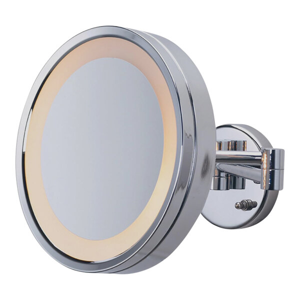 A Jerdon chrome wall-mounted round LED mirror with a light on it.