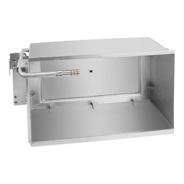 A stainless steel metal box with a hole in it.