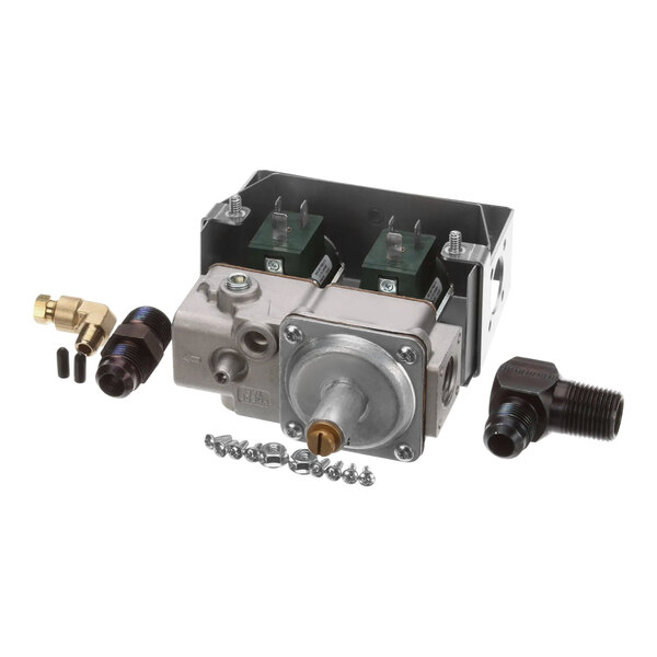 The Henny Penny gas valve assembly with brass fittings and a hose.