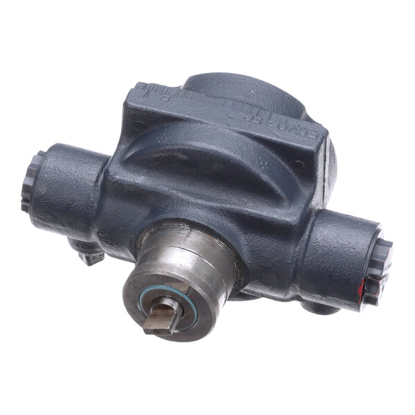 A black metal Henny Penny filter pump with a round metal object on top.