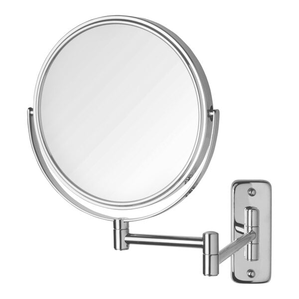 A Jerdon round chrome wall-mounted magnifying mirror with a wall-mounted arm.
