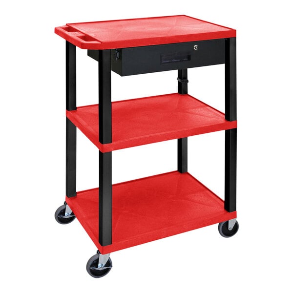 A red and black Luxor plastic utility cart with three shelves, locking drawer, and electrical assembly.