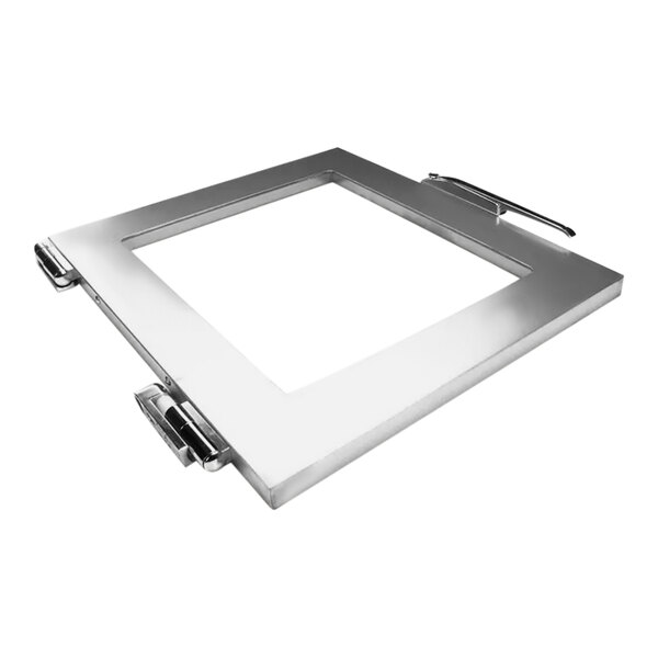 A silver square door assembly with a white screen.