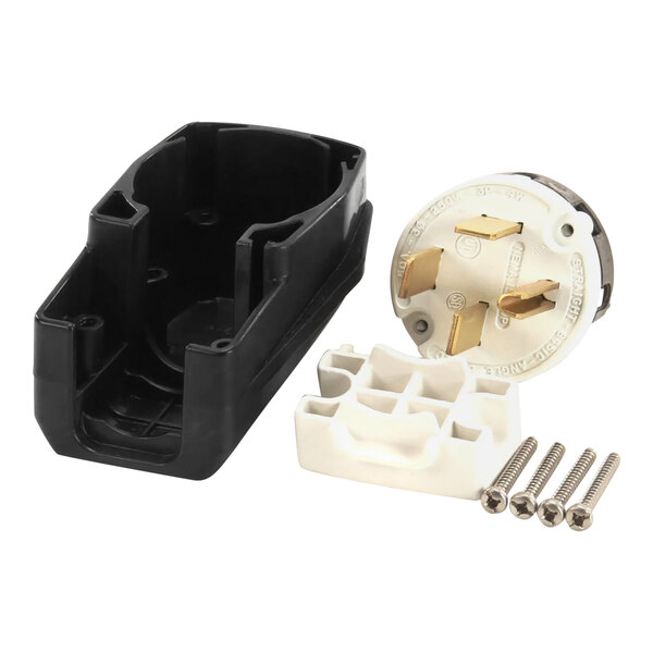 A black and white plastic plug for a Henny Penny fryer with screws.