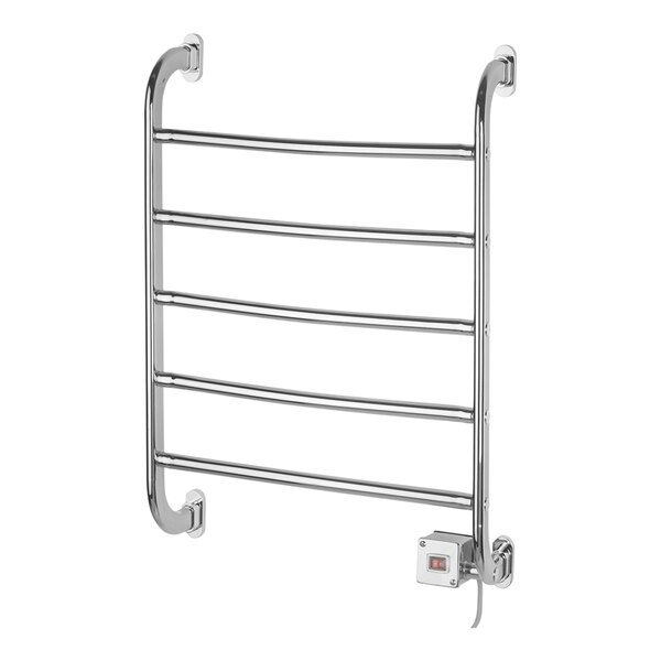 A Jerdon Style chrome wall-mounted heated towel rack with five bars and a switch.