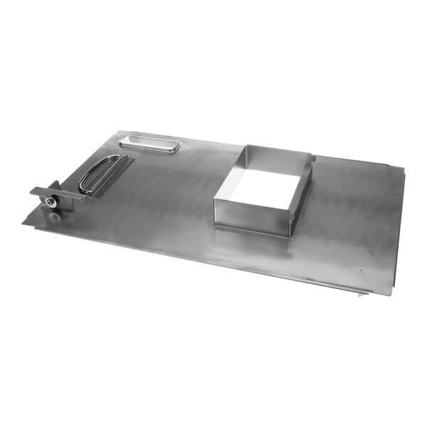 A metal box with a square metal lid with a white surface.