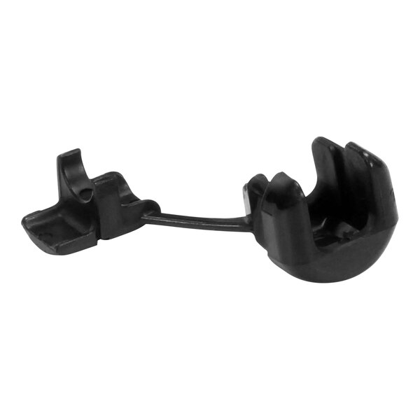 A black plastic clip with a black strap.