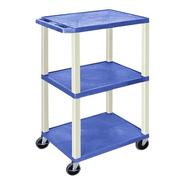 A blue rectangular Luxor plastic utility cart with three shelves and heavy-duty casters.