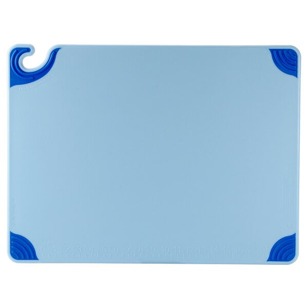 A San Jamar blue and white cutting board with a hook.