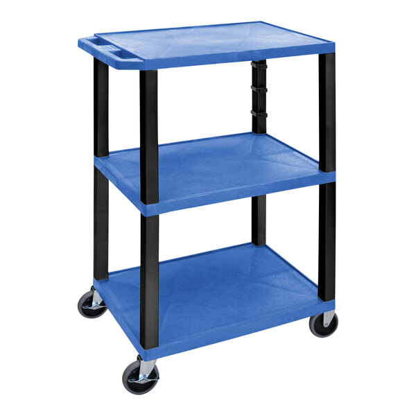 A blue and black Luxor plastic utility cart with three shelves and wheels.