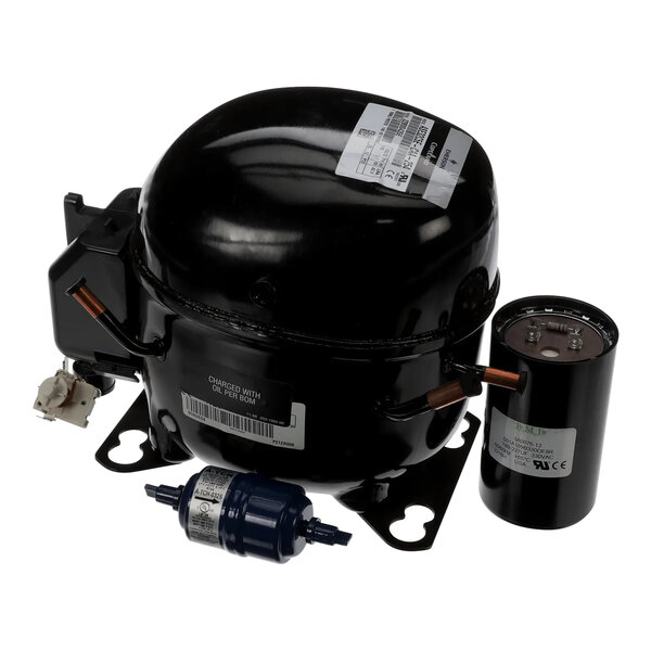 A close-up of a black Hoshizaki compressor cylinder.