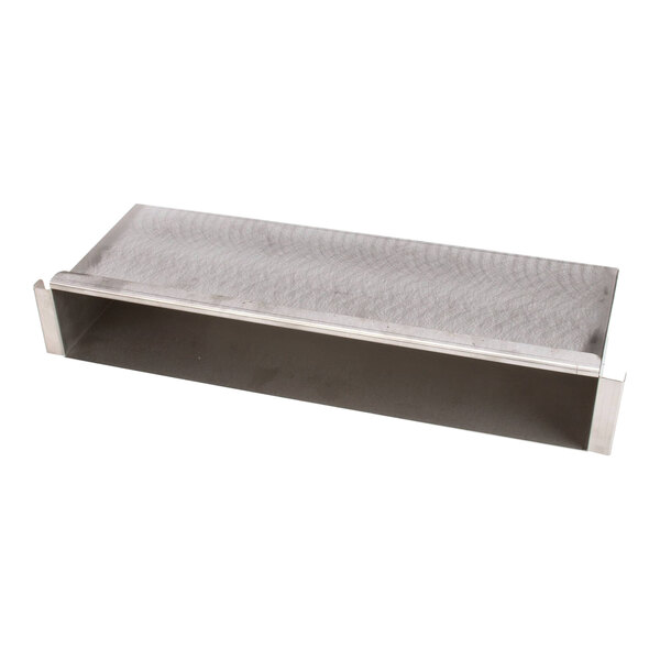 A stainless steel rectangular pan with a metal handle.