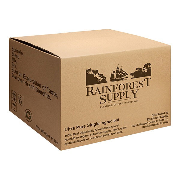 A brown box of Rainforest Supply Maca Powder with black text on a white background.