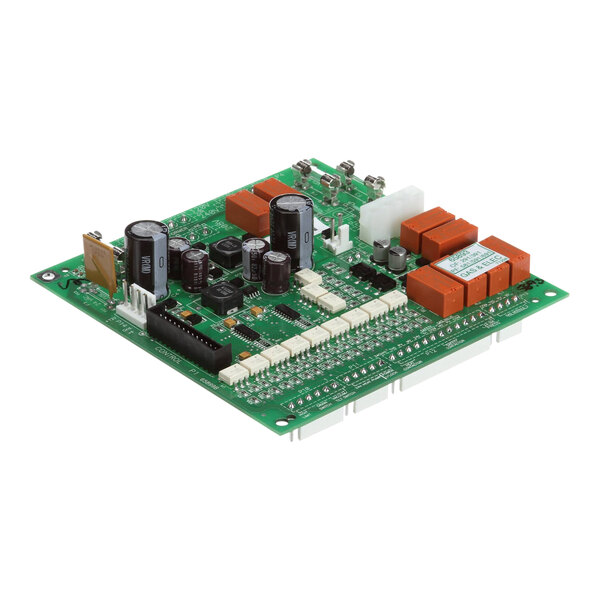 A close-up of a green Henny Penny Assembly-Dual Gas Module circuit board with many small electronic components.