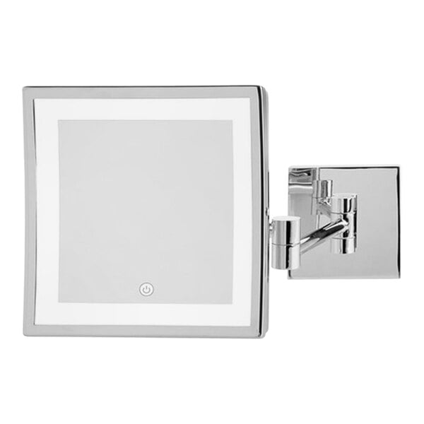 A square chrome wall-mounted mirror with a light on.