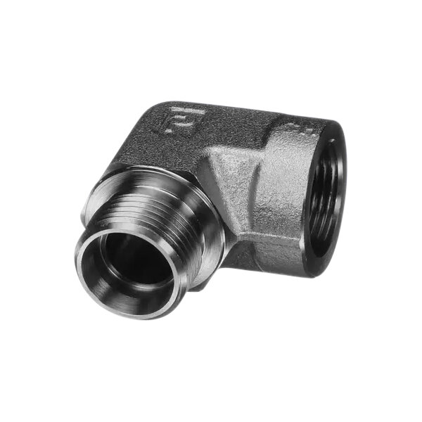 A black and silver Henny Penny threaded pipe fitting.