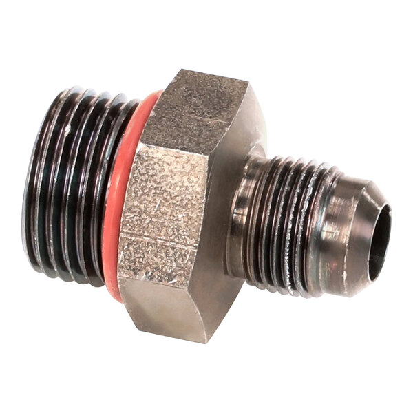 A close-up of a Henny Penny stainless steel JIC flare fitting with a metal nut.