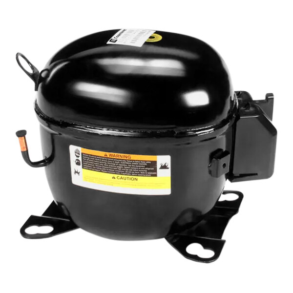 A black air compressor with a yellow label.