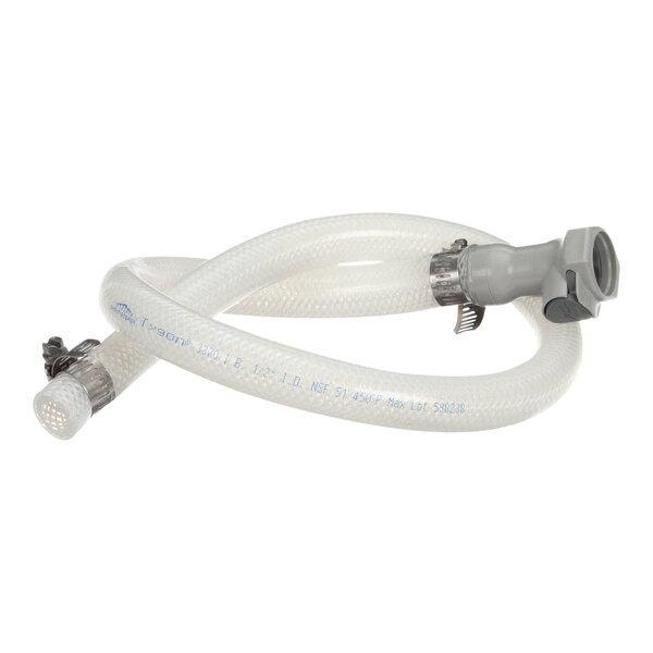 A white flexible hose with a silver metal end.