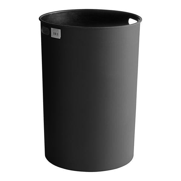 A black round plastic trash liner for a Lancaster Table & Seating outdoor can with a white label.