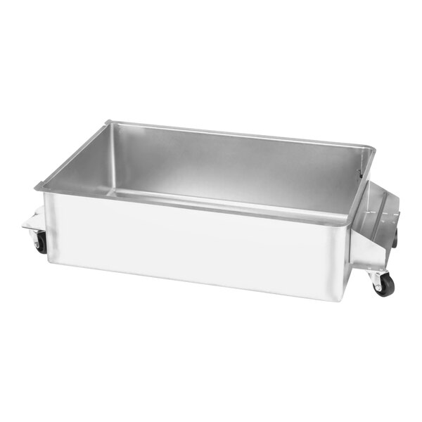 A stainless steel Henny Penny pan with wheels.
