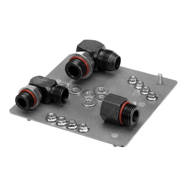 A metal plate with black and red connectors.