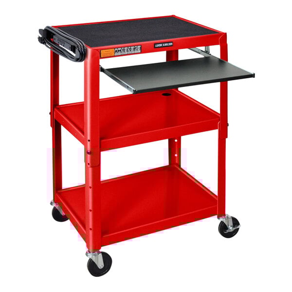 A red Luxor steel utility cart with a black sliding keyboard shelf.