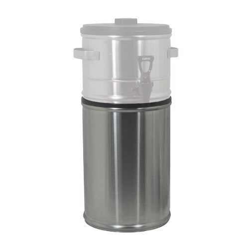 A silver and black metal stand with a Curtis logo holding a stainless steel Curtis Iced Tea dispenser.
