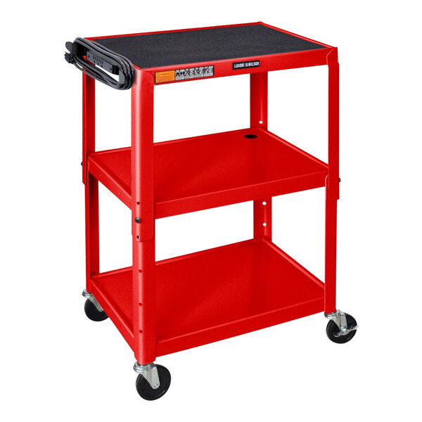 A red Luxor utility cart with three shelves and wheels.