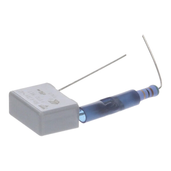 A white rectangular capacitor with a blue tube and wires.