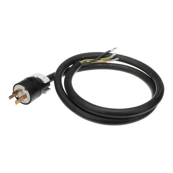 A black electrical cord with a white connector.