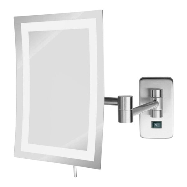 A Jerdon rectangular nickel wall-mount LED mirror with a light on it.